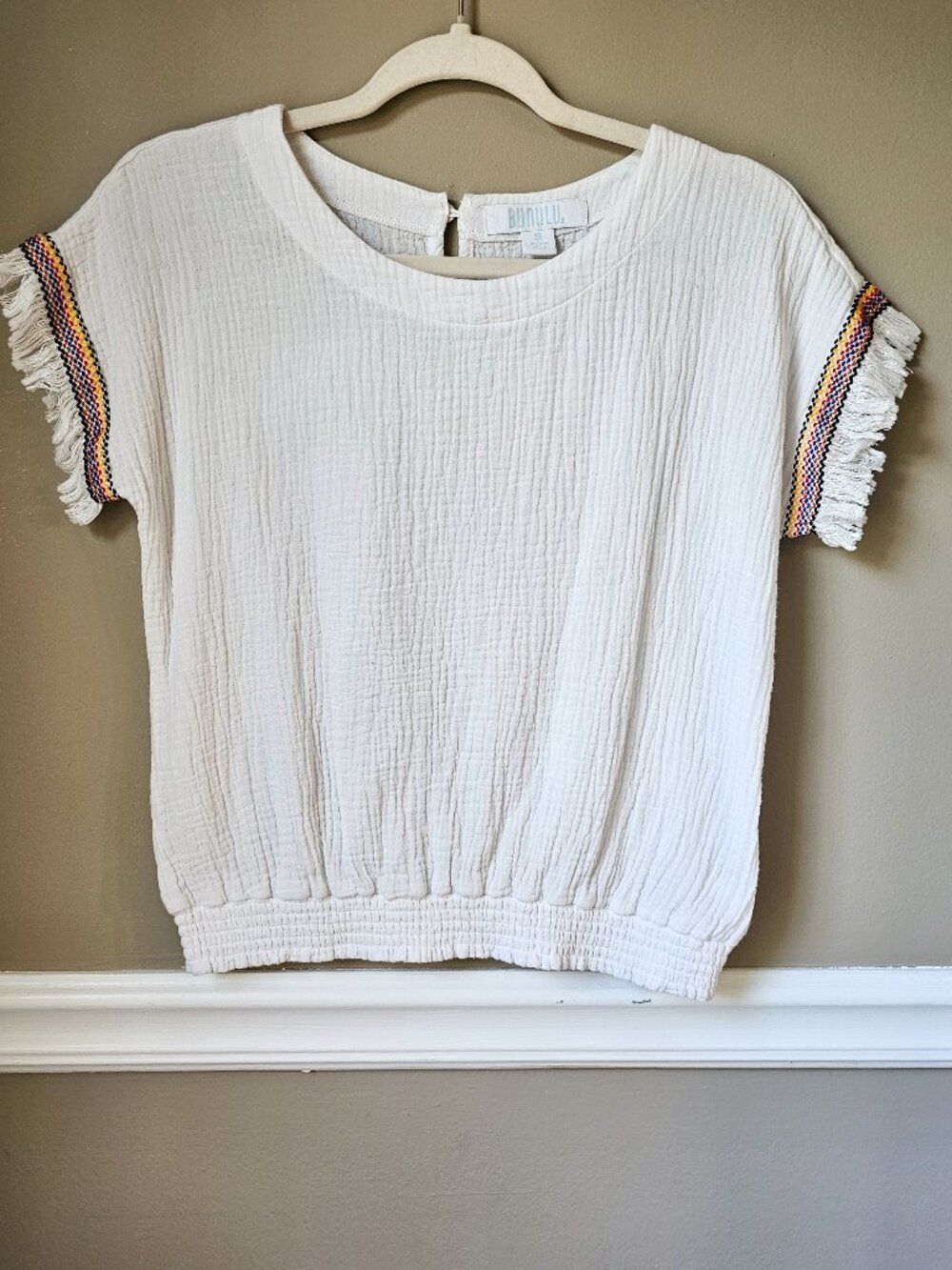BUNULU White Fringe Sleeve Top Small Boho Textured Crop Top Cotton Gauze